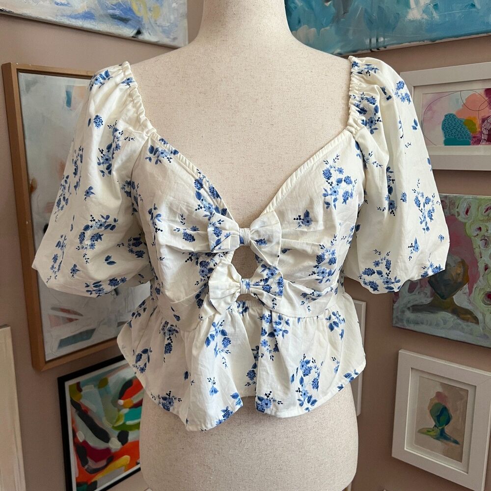 Band Of The Free Blue Floral Bow Front Peplum Blouse Cottagecore Size L Coquette